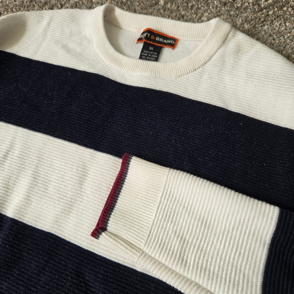 Mott & Grand Mens XL Striped Crewneck Sweater Navy White 100% Cotton Ribbed Knit